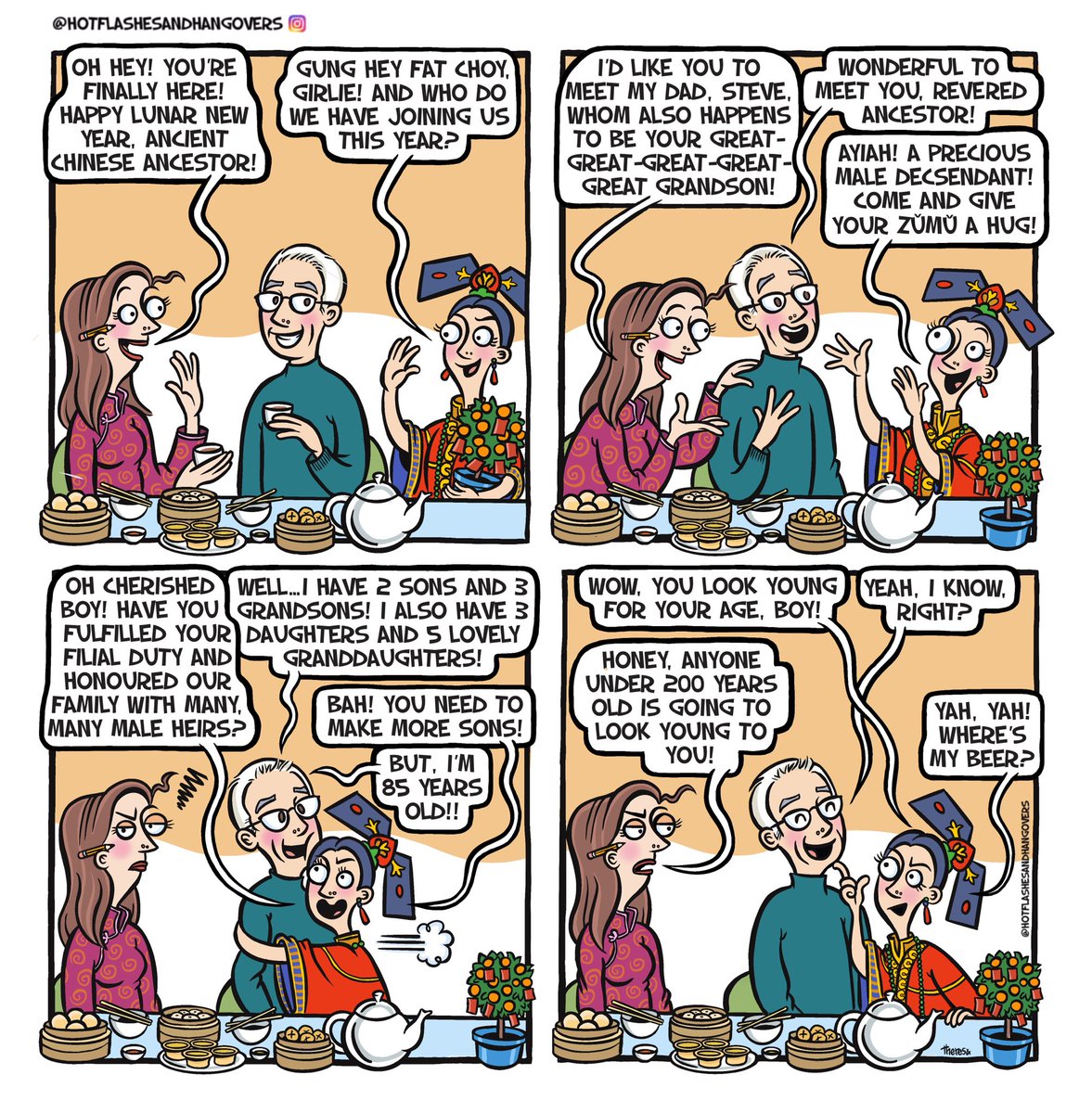 Happy Lunar New Year!🧧⛩️ 
Imagine meeting your centuries old ancestor for the first time! More funnies: instagram.com/hotflashesandh…

 #cartoonists #cartoonish #dailycomic #lunarnewyear2023 #chinesenewyear2023