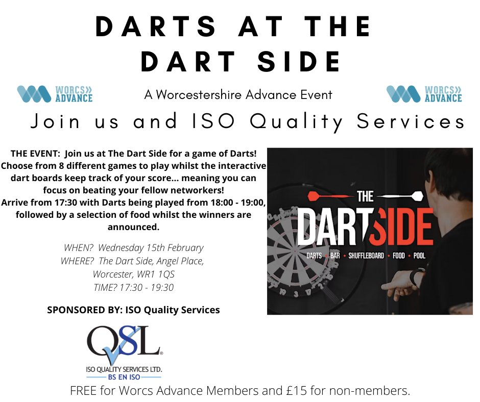 Join us at our first event of 2023 at The Dart Side, Worcester, on Wednesday 15th February for a game of Darts followed by some food! 🎯

This event is kindly sponsored by <a href="/ISOQSL/">ISOQualityServices</a> ✨

👉 Book your place here: facebook.com/flx/warn/?u=ht…

#WorcestershireHour