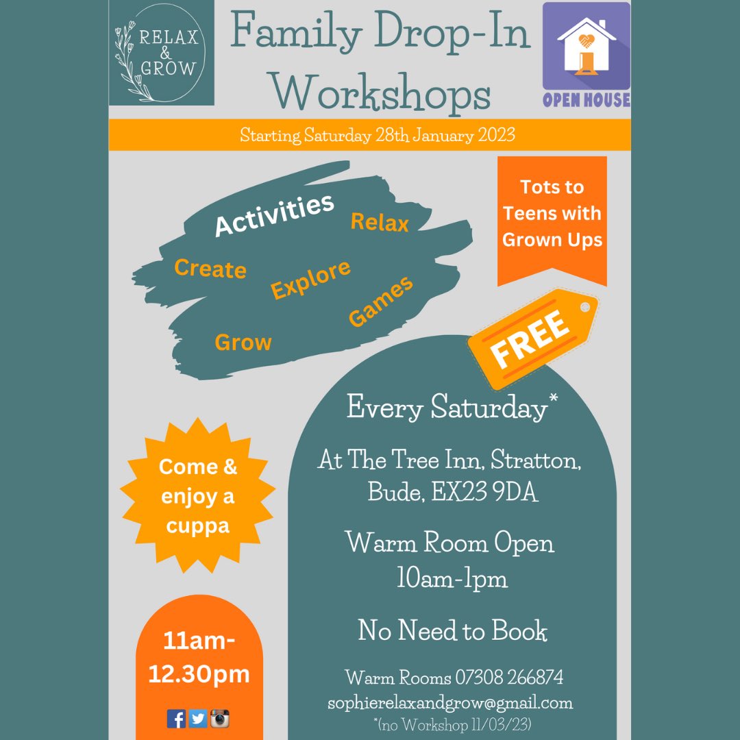 RelaxGrowSophie's tweet photo. Happening this weekend - 

Please come and join us to enjoy a range of activities which will include games, crafts, a chill out zone etc.

#warmrooms #wellbeing #mentalhealth #families #bude #cornwall https://t.co/PxwtebKNGm