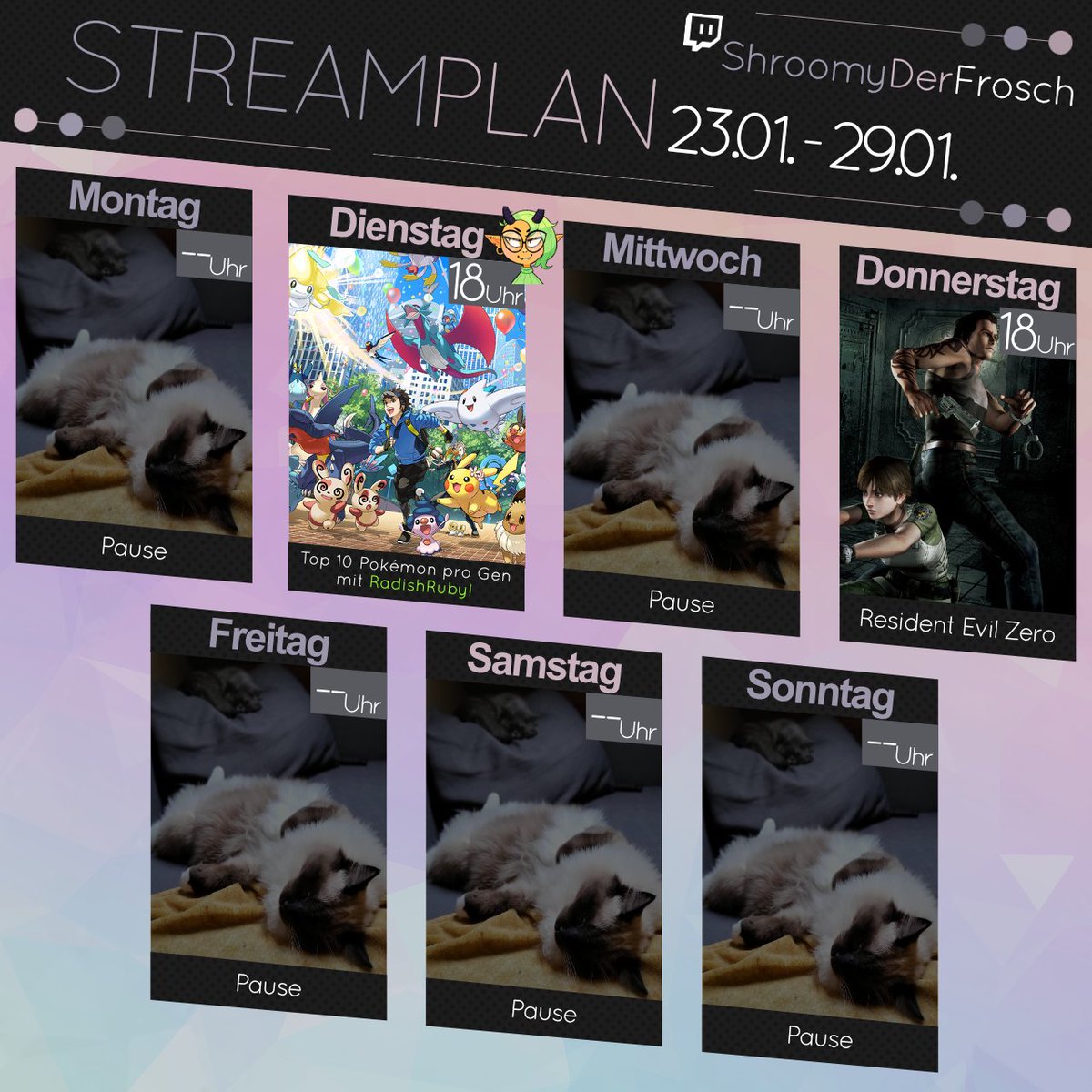 Neue Woche, neuer Streamingplan! 🐸🍄

Am Dienstag machen die gute <a href="/RadishRuby/">Radish 🥕😈 Veggie-Imp-Vtuber</a> und ich unsere Pokémon Top 10 weiter und am Donnerstag gibt es endlich mal wieder Horror mit Resident Evil Zero!