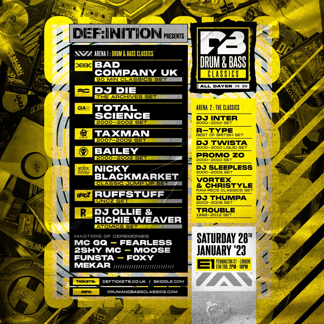 #Def:initionDnB (@definitiondnb) on Twitter photo This Saturday it's the return of the #DnBClassics London All Dyer π From 2pm to 10pm <a href="/E1LDN/">E1</a> we're going back in time to the golden era of #DrumAndBass with <a href="/FunstaMC/">The Funisher</a> <a href="/mcmoose600/">mcmoose600</a> <a href="/mekarmc/">Mekar MC</a> <a href="/BestofBritishHQ/">Ryan Best of British</a> <a href="/dj_twista/">DJ Twista</a> <a href="/PromoZO/">PROMO ZO</a> <a href="/MCToddLah/">Toddlah</a> <a href="/DnbNews/">DnbNews</a> <a href="/DrumandBass_UK/">Drum & Bass UK</a> #drumandbass This Saturday it's the return of the #DnBClassics London All Dyer π From 2pm to 10pm <a href="/E1LDN/">E1</a> we're going back in time to the golden era of #DrumAndBass with <a href="/FunstaMC/">The Funisher</a> <a href="/mcmoose600/">mcmoose600</a> <a href="/mekarmc/">Mekar MC</a> <a href="/BestofBritishHQ/">Ryan Best of British</a> <a href="/dj_twista/">DJ Twista</a> <a href="/PromoZO/">PROMO ZO</a> <a href="/MCToddLah/">Toddlah</a> <a href="/DnbNews/">DnbNews</a> <a href="/DrumandBass_UK/">Drum & Bass UK</a> #drumandbass
