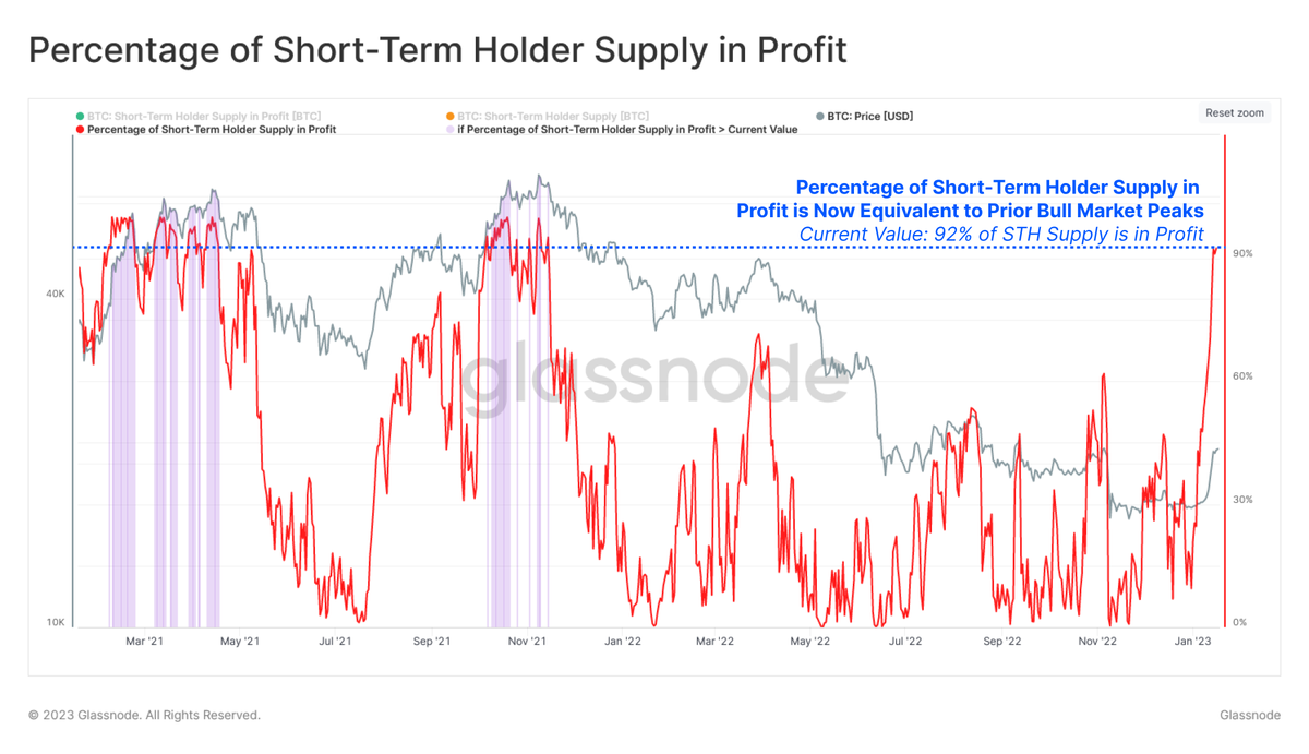 Following the recent move higher in #Bitcoin prices, the Short-Term Holder  (STH) cohort has seen a dramatic increase in coins held in profit. The  percentage of STH supply in profit has reached
