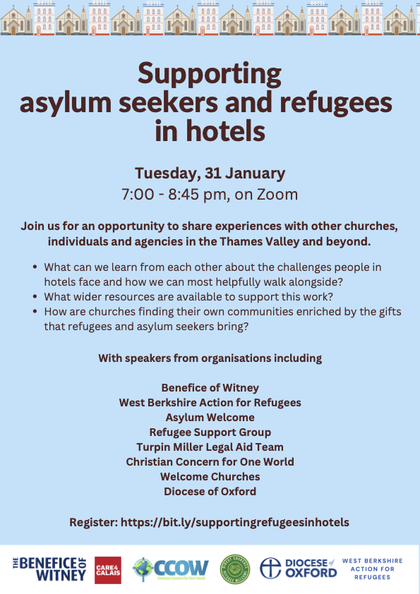 Supporting Asylum Seekers and Refugees in Hotels
31 Jan 1900-2045 on Zoom
eventbrite.co.uk/e/supporting-a… 

All welcome! #asylum <a href="/oxforddiocese/">Diocese of Oxford</a>