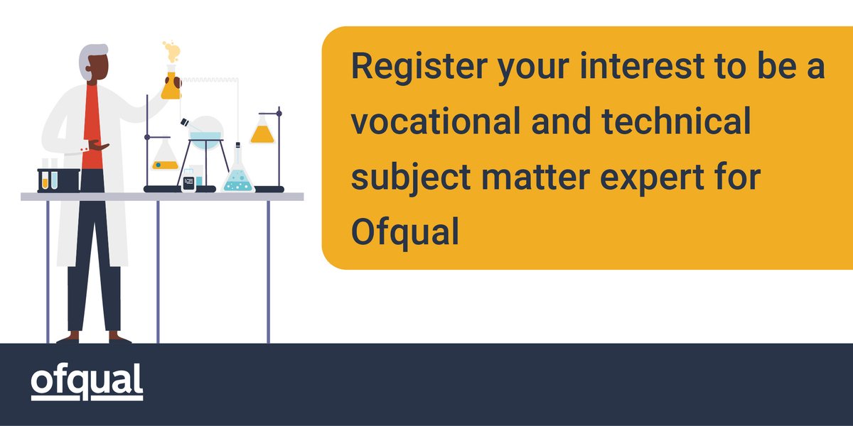 ofqual's tweet image. Ofqual is looking for subject matter experts to help shape and improve vocational and technical qualifications. 

Register your interest now to gain an insight into how qualifications are regulated: 👇

…r-your-interest.experts.ofqual.gov.uk/?utm_source=tw…

#SubjectMatterExperts