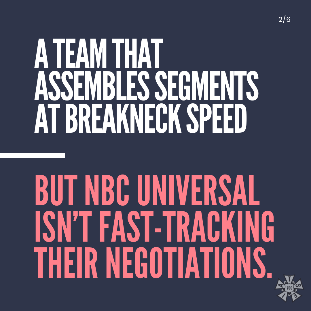 MPEG700's tweet photo. SNL is made with union labor, so why is its editorial crew without a contract? 

In October, the crew that cuts @nbcsnl’s pre-filmed segments organized for a voice on the job.

Months later, they still don’t have their first union contract. https://t.co/MAAP5YE8xr