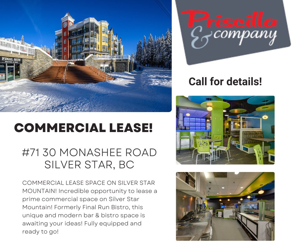 COMMERCIAL LEASE SPACE ON SILVER STAR MOUNTAIN! Incredible opportunity to lease a prime commercial space on Silver Star Mountain! Formerly Final Run Bistro, this unique and modern bar &amp; bistro space is awaiting your ideas! Fully equipped and ready to go! Bring your ideas!