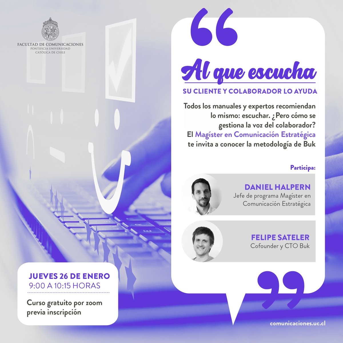 fcomuc's tweet photo. El Magíster en Comunicación Estratégica te invita este jueves 26 de enero de 9 a 10:15 al curso gratuito de gestión comunicacional digital por Zoom con el profesor y jefe de programa, @d_halpern. 

Solo debes inscribirte acá https://t.co/gIuLNMhFhK https://t.co/C4S5iU9qEL