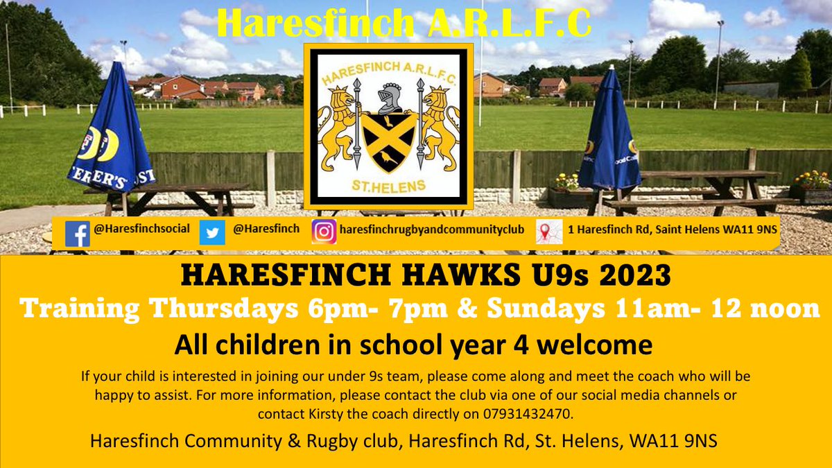 PLEASE SHARE!! 

⚫️🟡🚨Haresfinch Under 9s 🚨🟡⚫️

📣 Calling all boys and girls in year 4.

🏉 Come down and try rugby league at Haresfinch Rugby and Community Club. (Address on the poster below)

❗️Brand new team in the community playing in the NWC.