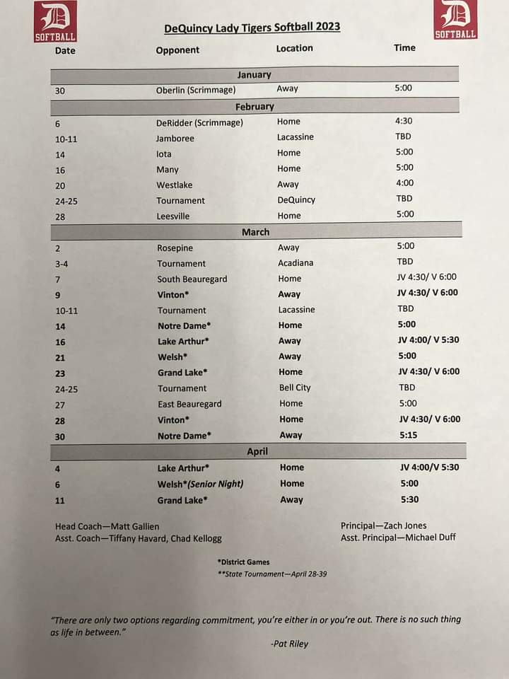 amygranger06's tweet photo. 2023 DeQuincy Lady Tigers Softball Schedule https://t.co/PtUxKmcF4w