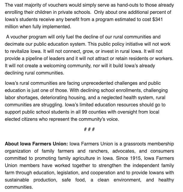 LauraRBelin's tweet photo. The Iowa Farmers Union @IAfarmersunion has released a statement opposing the governor's school voucher plan: "This will not help build strong rural communities. In fact, it will be a detriment to the bold investments policymakers have made to grow rural Iowa." #ialegis #Iowa #edu https://t.co/7KbVZLJhsf