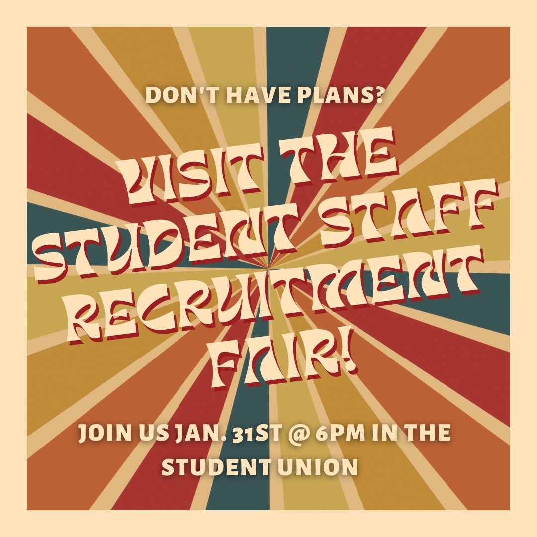 ResLife is hiring!! Intrigued but unsure of what opportunities are available? Join us at the Student Staff Recruitment Fair NEXT TUESDAY (January 31st) to learn more!! Tag a friend you want to bring with you to learn more about ResLife, and to tie-dye a shirt with!! 😆