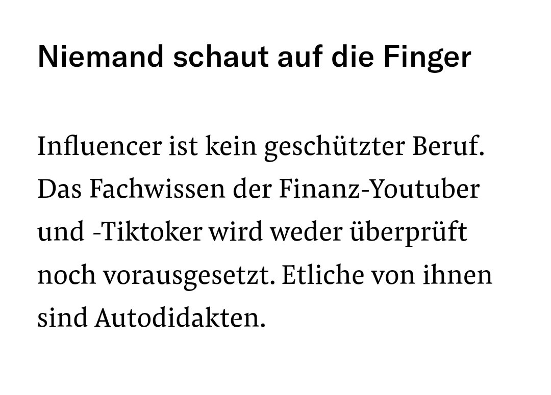"Leute! XY wird so krass performen!"
Finanz-Influencer (Finfluencer) geben Followern teilweise abenteuerliche Tipps, viele haben keine Expertise.

Das ist nicht nur im Finanzbereich so, sondern in vielen Lebensbereichen.
Daher bin ich pro Fachleute, die  "nebenbei influencen".