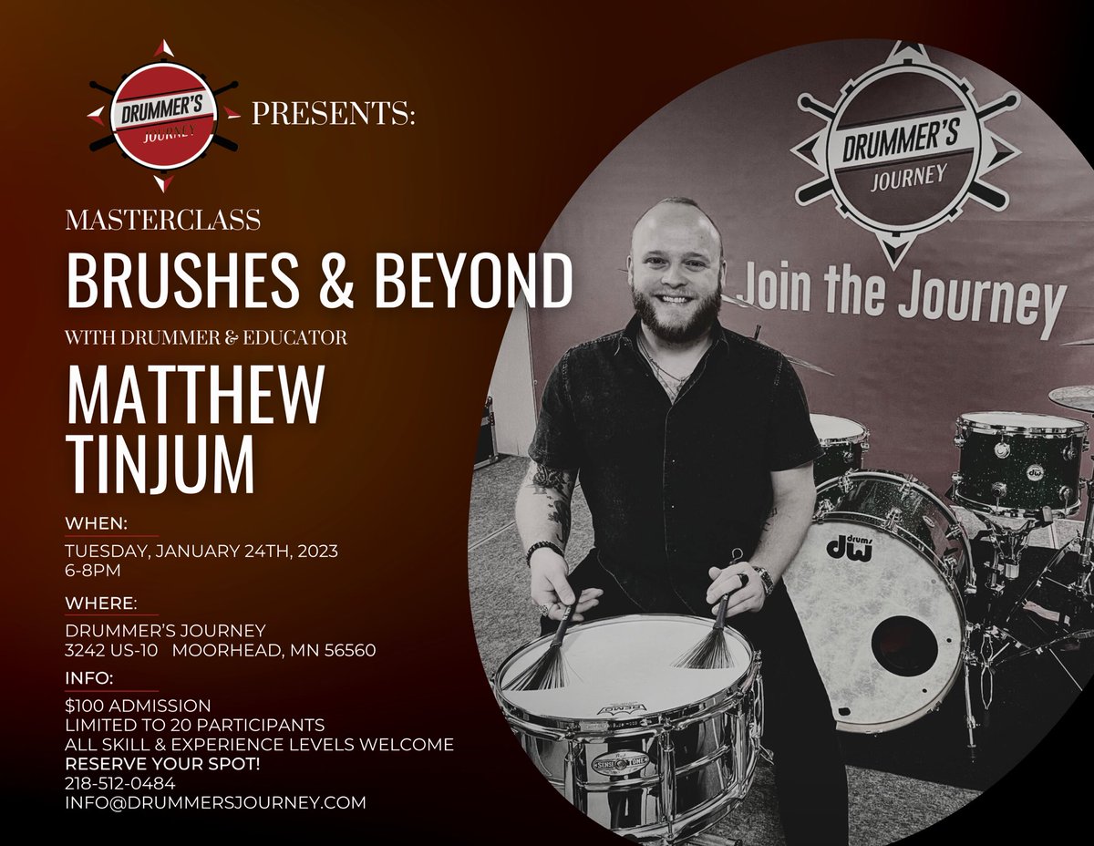 matttinjummusic's tweet photo. TOMORROW! I will be presenting Brushes and Beyond, a brush masterclass at Drummer's Journey from 6-8PM! $100 admission. ALL SKILL LEVELS WELCOME! #brushes #brushplaying #jazz #rock #latin #funk #drums #drumming #masterclass #drumlessons #DrummersJourney #JoinTheJourney https://t.co/ni8T1nVz85
