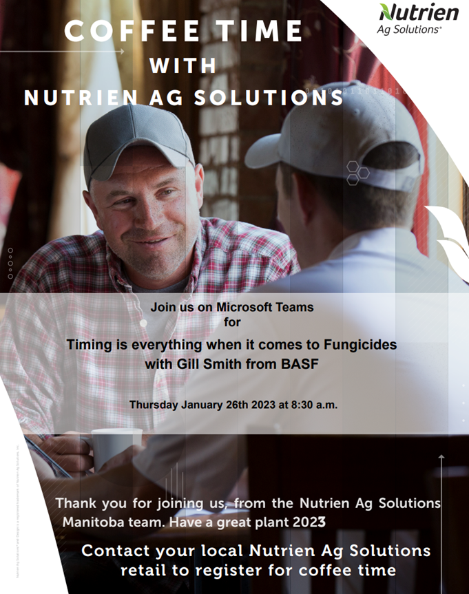 Want to brush up on your fungicide timing knowledge for the upcoming season? Join our Coffee Time call this Thursday at 8:30am to hear from #BASF as they go over the importance of proper timing! Contact your local #Nutrien to join the call.