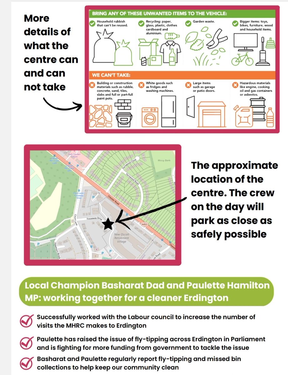 Reminder the award winning Mobile Household Recycling Centre ♻️ is coming to Erdington.

Please see details attached & share with your networks.

If you live in the Erdington Ward, then please JOIN my WhatsApp group, stay up to date  & connected!

#WorkingAllYearRound