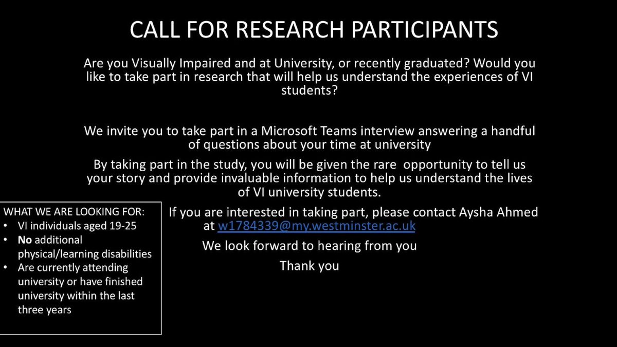 blindinbusiness's tweet photo. 📣CALLING ALL VI STUDENTS AND GRADUATES📣

This is your chance to be a part of a fantastic research project.

Be sure to get in contact if you are interested.

Details below! 👇

#BlindInBusiness #Research #VICommunity #University https://t.co/AEiJaSZPhA