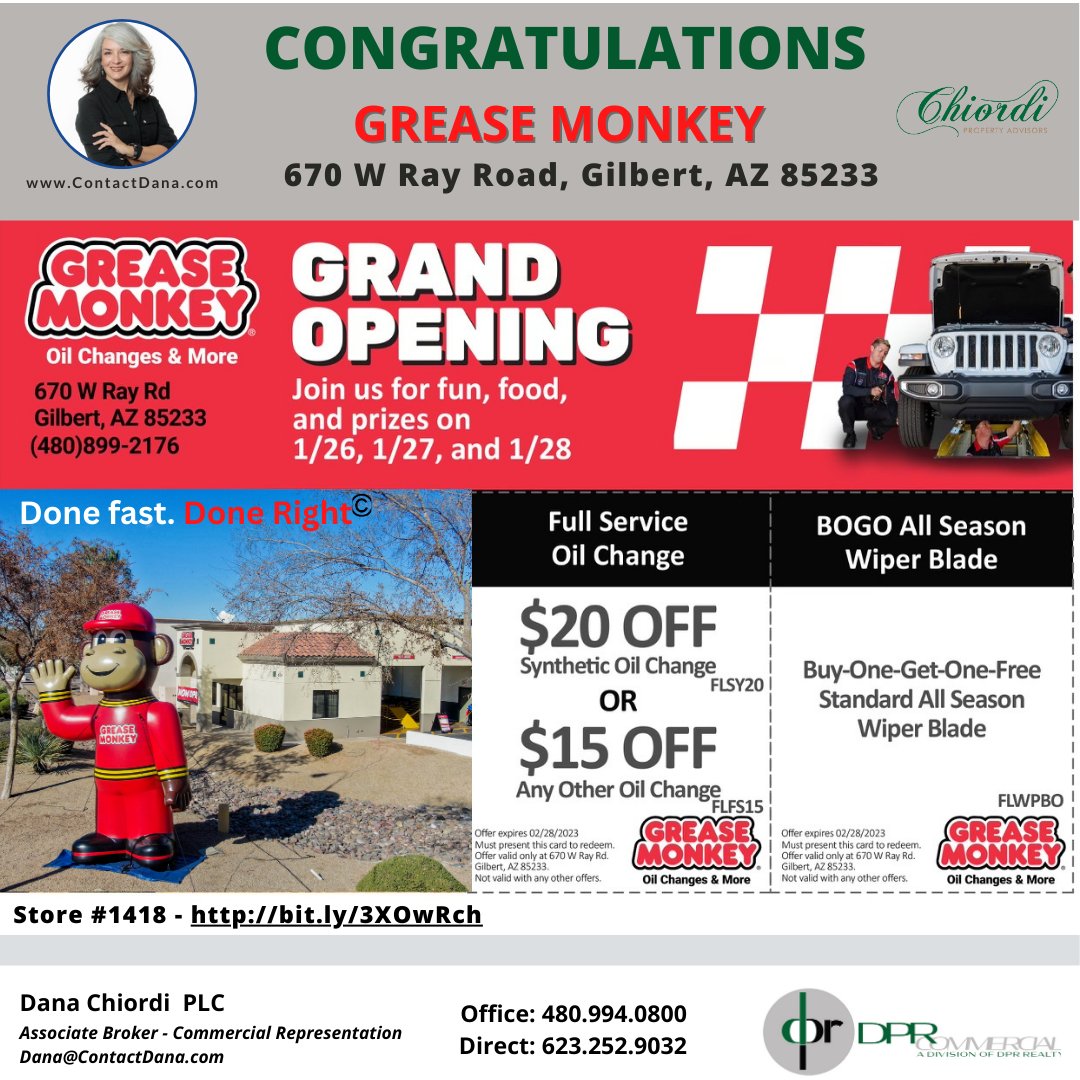 ContactDana's tweet image. Visit the NEW Grease Monkey in #GilbertAZ now open! Grand Opening celebrations 1/26, 1/27 and 1/28 - Oil Change / Car Care Center.

#GreaseMonkey #LoveGilbert #DPRCommercialRealty #contactdana