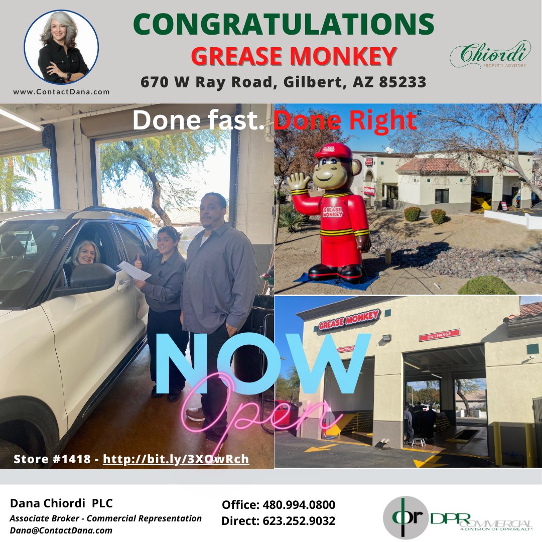 ContactDana's tweet image. Visit the NEW Grease Monkey in #GilbertAZ now open! Grand Opening celebrations 1/26, 1/27 and 1/28 - Oil Change / Car Care Center.

#GreaseMonkey #LoveGilbert #DPRCommercialRealty #contactdana