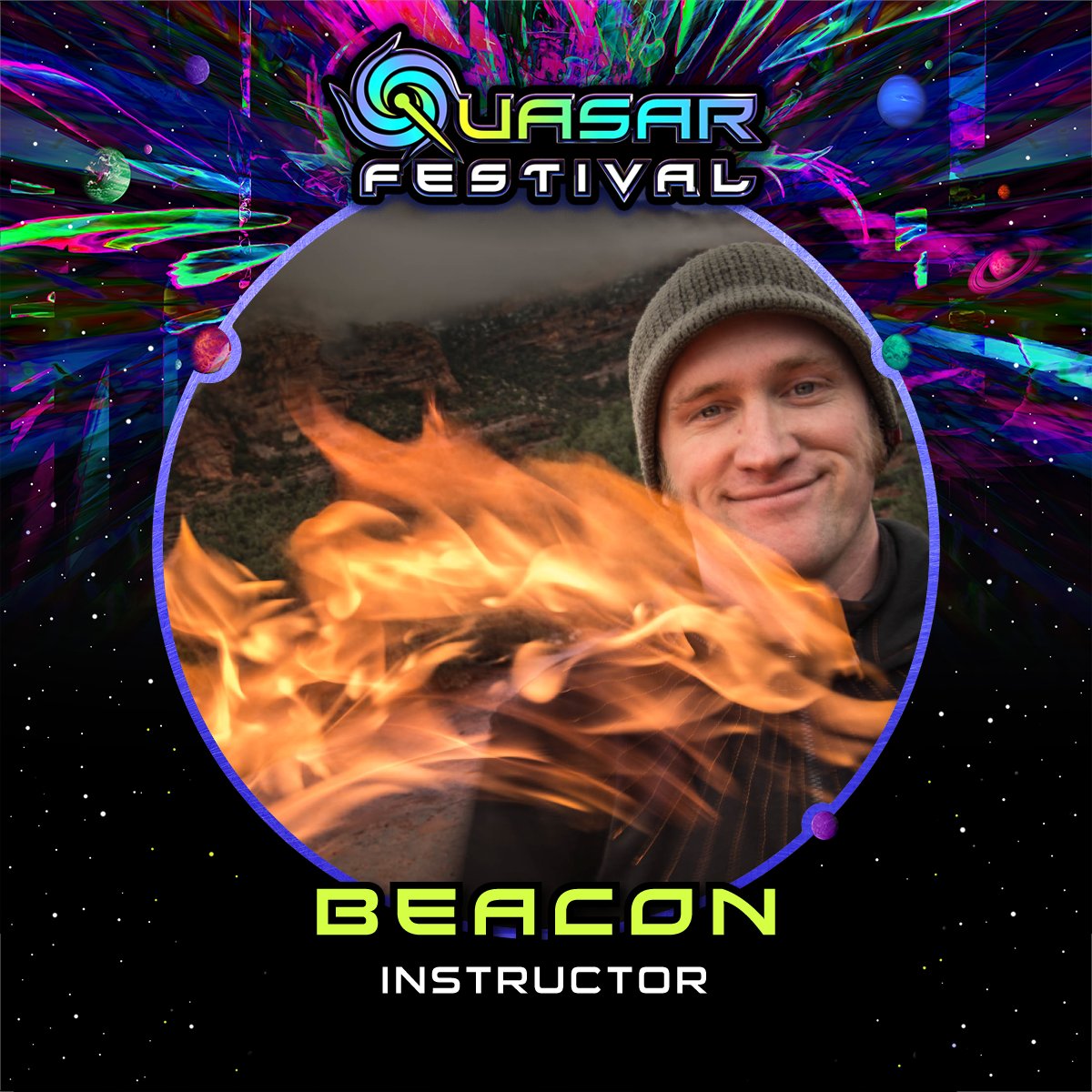 The beacon has been raised for @ Quasar Festival 2023! 
🪐
Introducing the skillshops @ Beacon Poi Mechanic
🚀
He’ll be teaching 3 sessions covering everything from early skills and concepts to more advanced level ups for our poi spinners in attendance. 
#texasedm #flowarts