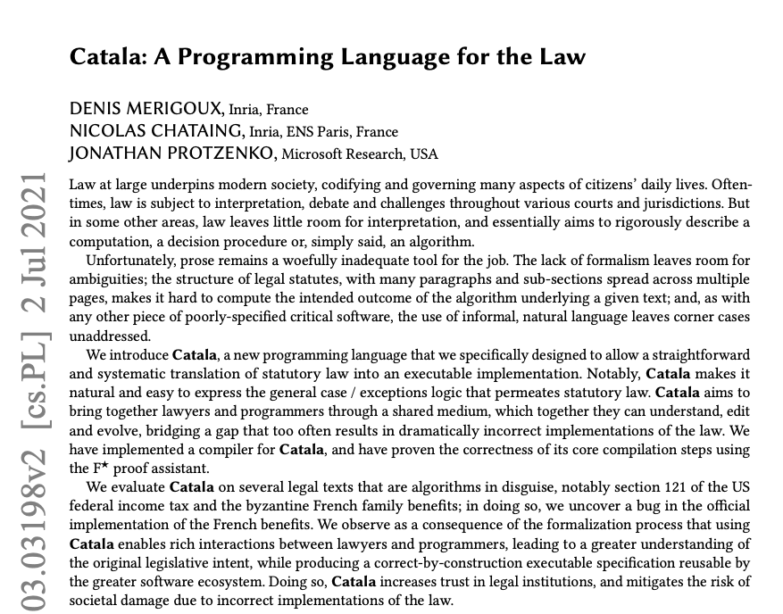 For folks working on AI &amp; law:

"Catala: a Programming Language for the Law"

https://t.co/gdqUV...