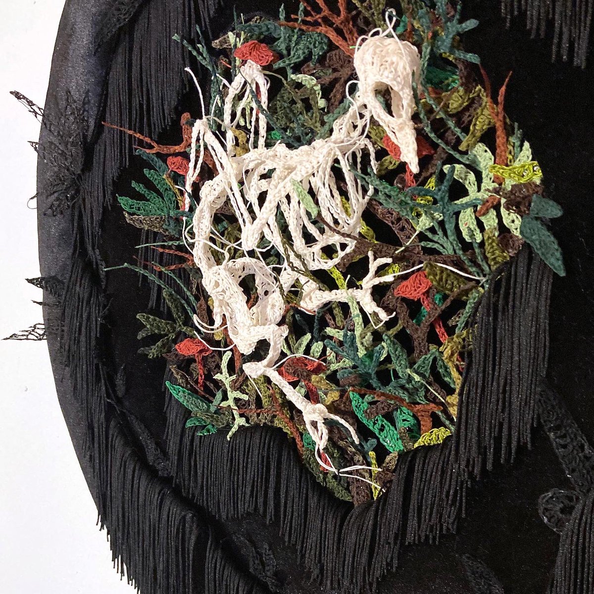 I’m living a ghost life.

My Ghost Life (2023)
Crocheted cotton string, glue, foraged pigment, steel pins, synthetic fringe, and velvet on wood
23.75 inches diameter x 4 inches deep

For TONDO, the current group exhibition at @harmanprojects in NYC