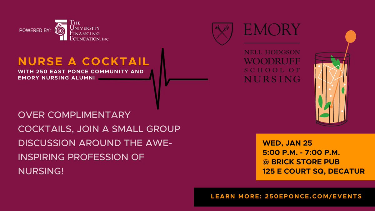 EmoryNursing's tweet photo. Come "Nurse A Cocktail" with #EmorySON Alumni on Wednesday January 25, at 5 p.m. at the Brick Store Pub in Decatur. RSVP here: https://t.co/qGVQkKZ1as #ESONstudentexperience #ESONcommunity https://t.co/jWBNljK1oE