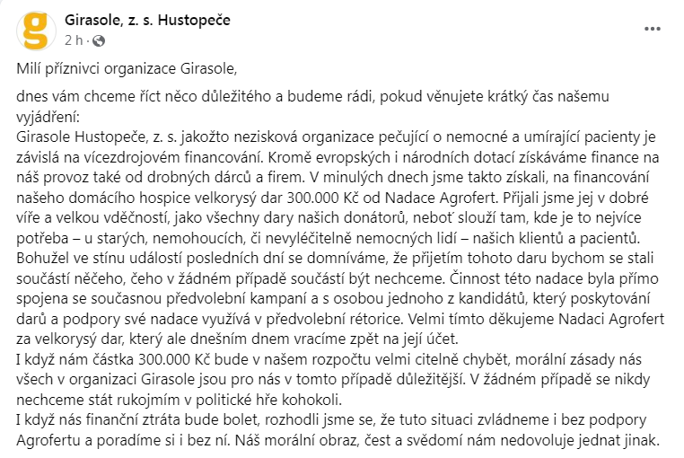 Babiš ve včerejší debatě zmínil, kterak má nadaci.

A tak se jedno sdružení rozhodlo, že i když ty peníze budou chybět, nechtějí být součástí kampaně.

Pomůžeme jim vyplnit mezeru, která vznikla vrácením daru od agrofertí nadace?

darujme.cz/projekt/1205851

Budu vděčná za RT.