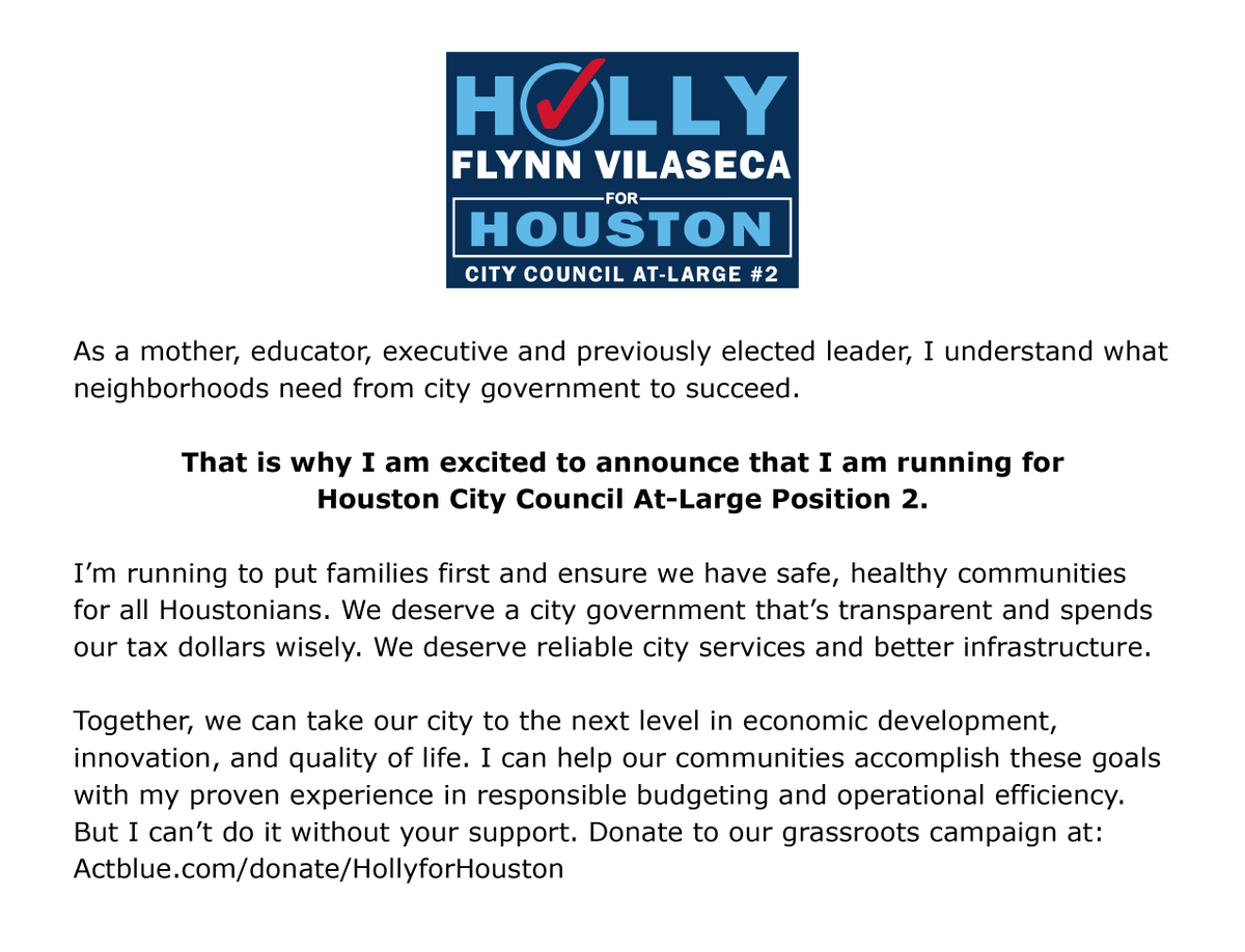 As a mother, educator, executive and previously elected leader, I understand what neighborhoods need from city government to succeed.

That is why I am excited to announce that I am running for Houston City Council At-Large Position 2. 

Donate at Actblue.com/donate/Hollyfo…