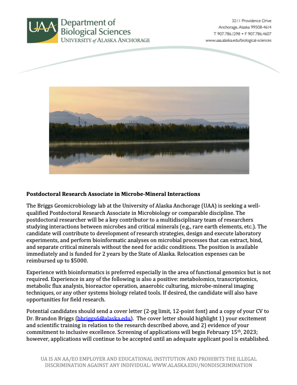 Postdoc position in Alaska! I am looking for a postdoc to join the group in the area of microbe-mineral interactions. It is available immediately, has great benefits, and has a relocation allowance.  DM or email for more info. Pls RT