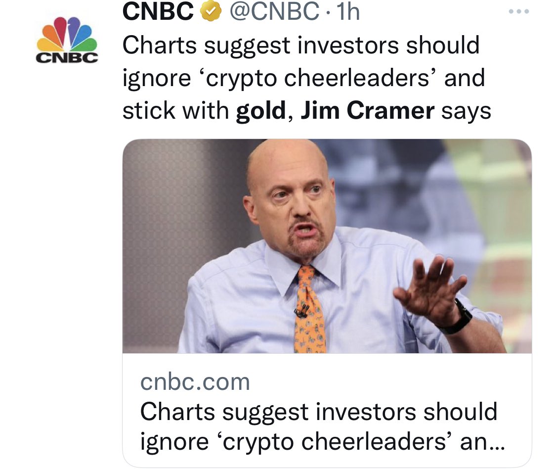 WallStreetMav's tweet image. Hey, @PeterSchiff unfortunately we just got the kiss of death.

Cramer recommended #gold. RIP

#JimCramer - Inverse Cramer