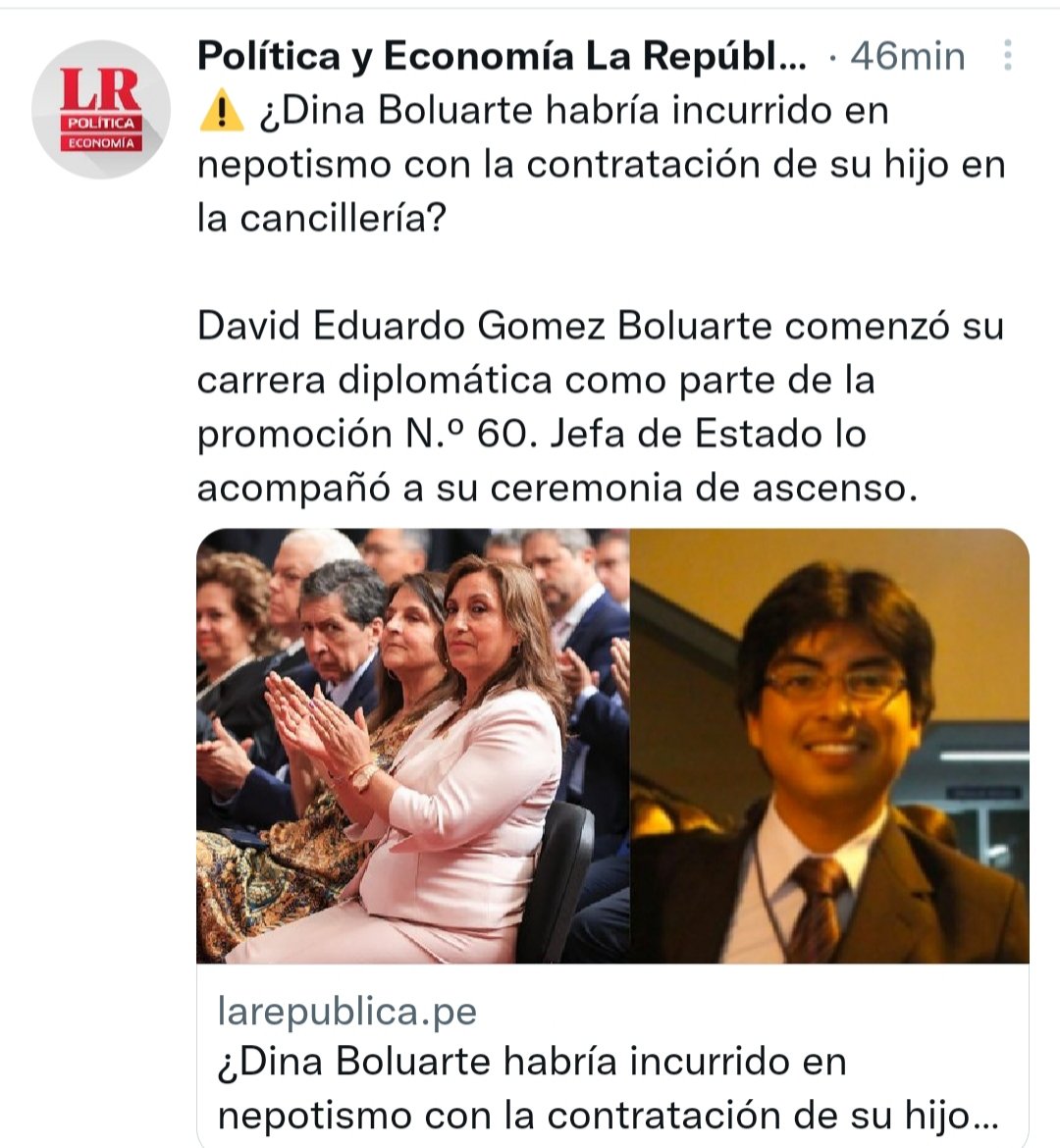 YeseniaPonceV's tweet photo. Hijo de Dina Boluarte es contratado en la cancillería, NEPOTISMO.
Es una cachetada para los jóvenes que se esfuerzan por un puesto de trabajo y otros lo consiguen con una llamada telefónica. https://t.co/F1dNK8NHKX