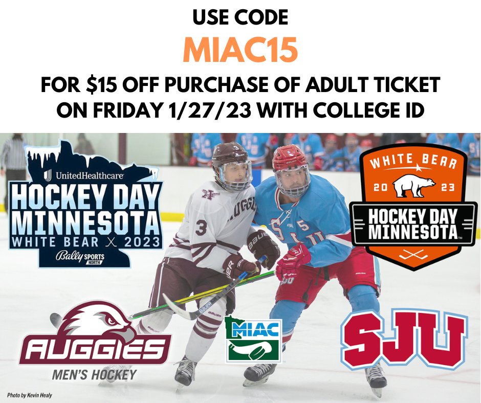 AugsburgAuggies's tweet photo. Augsburg students, we want you in the stands on Friday at 5:30 pm for Augsburg vs. Saint John's men's hockey at in White Bear Lake! Use code MIAC15 for $15 off an adult ticket for Friday's game (with college ID)! Buy at https://t.co/S76NgA8DtY ! #d3hky #AuggiePride #HDM2023 https://t.co/nQ9M75KR4S