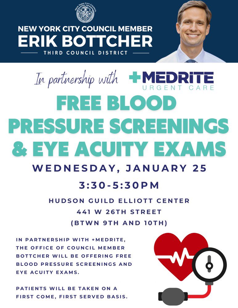 ebottcher's tweet photo. We’ve partnered with @HudsonGuild and @MedRite to provide free blood pressure screening and eye acuity exams this Wednesday from 3:30-5:30pm at 441 W 26th Street. Please join us! https://t.co/7PfI4bqJBi