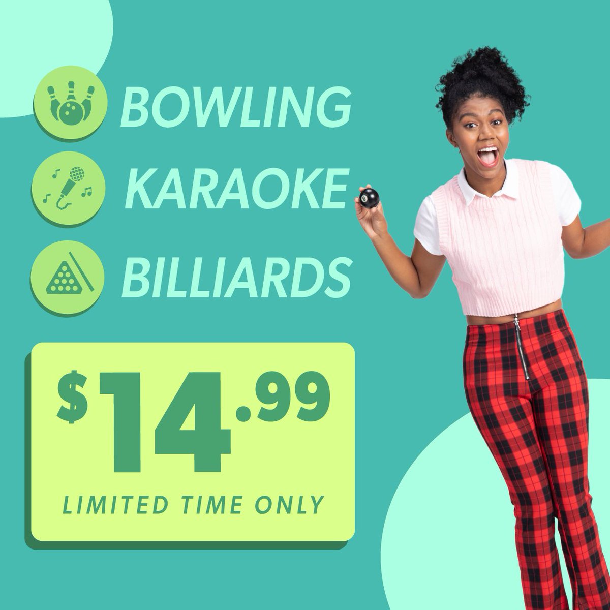 Round1USA's tweet photo. Weekday Fun is back 🎉 For only $14.99 enjoy your favorite activities to your soul's content.

✨Promotion is valid from Monday to Friday until 5pm each day, excluding weekends and holidays.

#round1usa #playpartyrepeat #round1party #round1bowling #round1arcade #round1karaoke https://t.co/LaPsDKSzoF