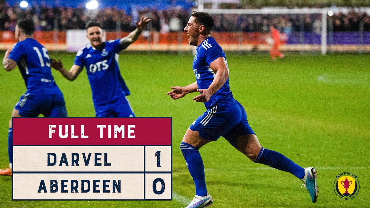 👏 DARVEL HAVE DONE IT! 👏

Jordan Kirkpatrick's first-half goal sees <a href="/darvelfc/">Darvel FC</a> of the <a href="/OfficialWoSFL/">West of Scotland Football League 🏴󠁧󠁢󠁳󠁣󠁴󠁿</a> defeat <a href="/AberdeenFC/">Aberdeen FC</a> to advance to the Men's Scottish Cup Fifth Round.

#ScottishCup