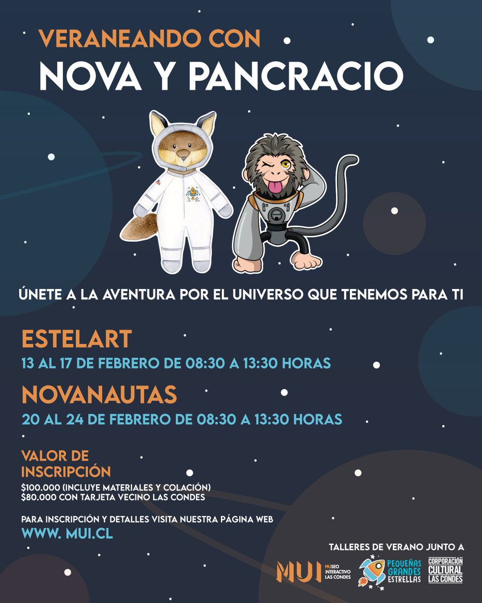 🚀🔭En #febrero MUI #lascondes y <a href="/astrodaniela_/">Daniela Fernández Rosso</a> tienen talleres de #arte y #astronomia para 👧👦de 4 a 13 años

🗓️ 13 al 17 y 20 al 24 
⏰ 08:30 a 13:30
📍 Isidora Goyenechea 3400

🎟️Valores e inscripción 👉bit.ly/3wBiblz
Descuento Tarjeta Vecino <a href="/munilascondes/">Munic. Las Condes</a>
