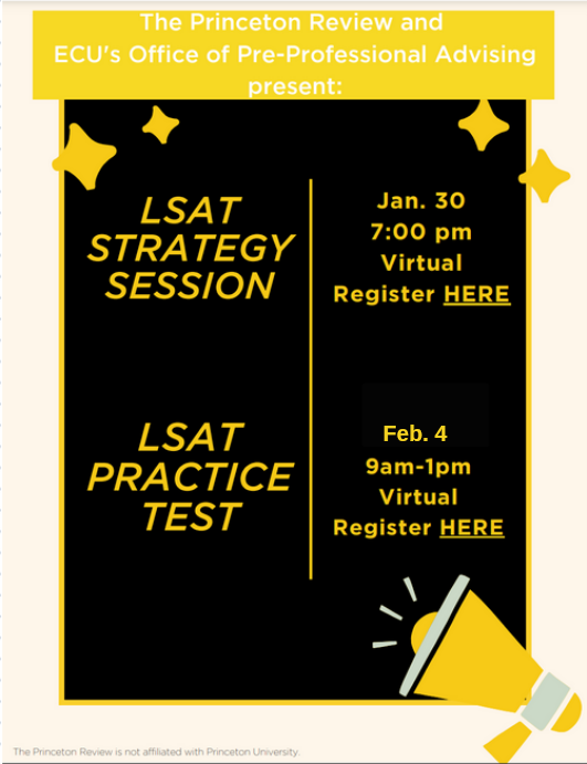 The Princeton Review and ECU PPAC are partnering to provide our students interested in law school with the opportunity to attend an LSAT strategy session and take an LSAT practice test. LSAT Practice Test: secure.princetonreview.com/event?PSOId=51… LSAT Strategy Session: secure.princetonreview.com/event?PSOId=51…