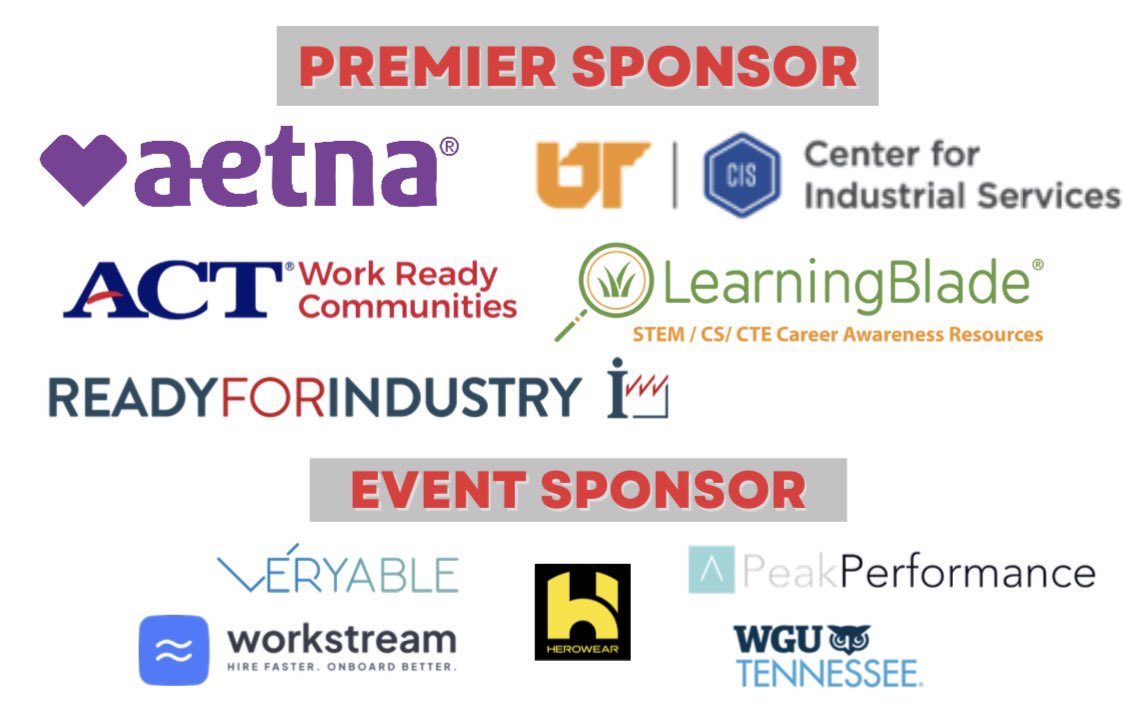 TNChamber's tweet photo. The #WorkforceDevelopmentConference wouldn’t be possible without our amazing sponsors.
The #TNChamber would like to thank @Aetna, @UTCIS, @ACT, @LearningBlade, Ready for Industry, @veryablework, @HeroWearExo, PeakPerformance, @workstream_us, and @WGUTennessee! https://t.co/UFyjQ4sxbh