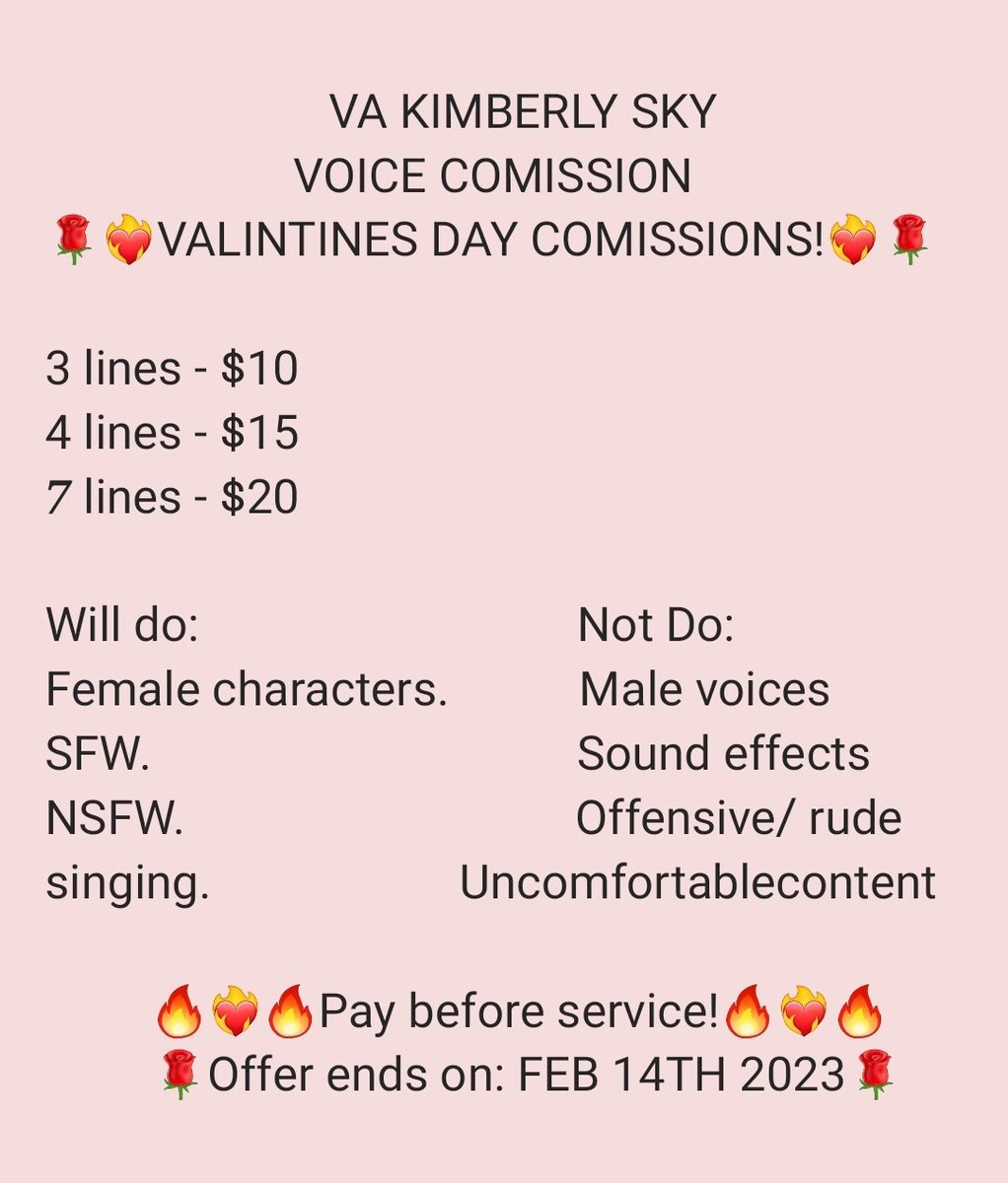 Kimberlyannasky's tweet photo. VA COMISSIONS!
BOTH REGULAR &amp; VALENTINE'S DAY SPECIAL! 
❤️‍🔥💋🎙PayPal only💵❤️‍🔥💋🎙
Valentine's day special ends on:
Feb.14.2023 
DM me if interested!✉️
Thank you all for your support!
🔥🙏💖🙏🔥
#HazbinHotel #HazbinHotelOC #Helluvaboss #HelluvabossOC #VA https://t.co/1ea8DSBlfc