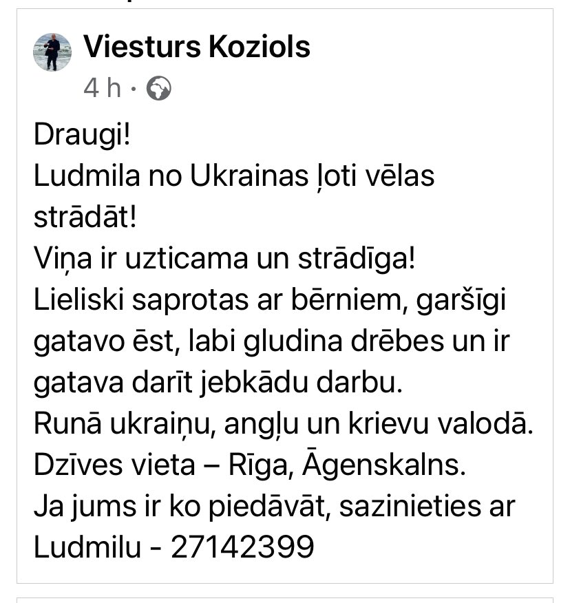 Inga_Gorbunova's tweet photo. Ludmila no Ukrainas meklē darbu. https://t.co/9yeXU4TuG7