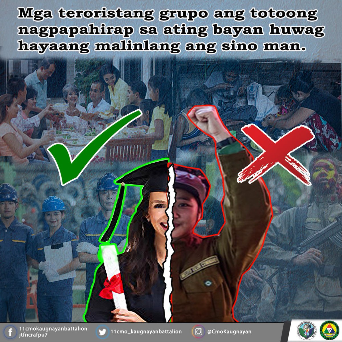 CmoKaugnayan's tweet photo. Mga teroristang grupo ang totoong nagpapahirap sa ating bayan huwag hayaang malinlang ang sino man.

Follow us on:
Twitter: https://t.co/yNRso9LeRJ
Instagram: https://t.co/rYm0grQHuP

#KaugnayanParaSaKapayapaan 
#KaugnayanBattalion
#AFPyoucanTRUST
#ParaSaBayan https://t.co/3oLtW7cWix