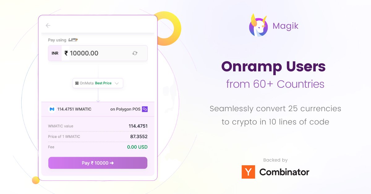 Excited to announce that @MagikLabs has been funded by <a href="/ycombinator/">Y Combinator</a> as part of the W23 batch.

We're helping web3 apps onramp users from 60+ countries in just a few lines of code.