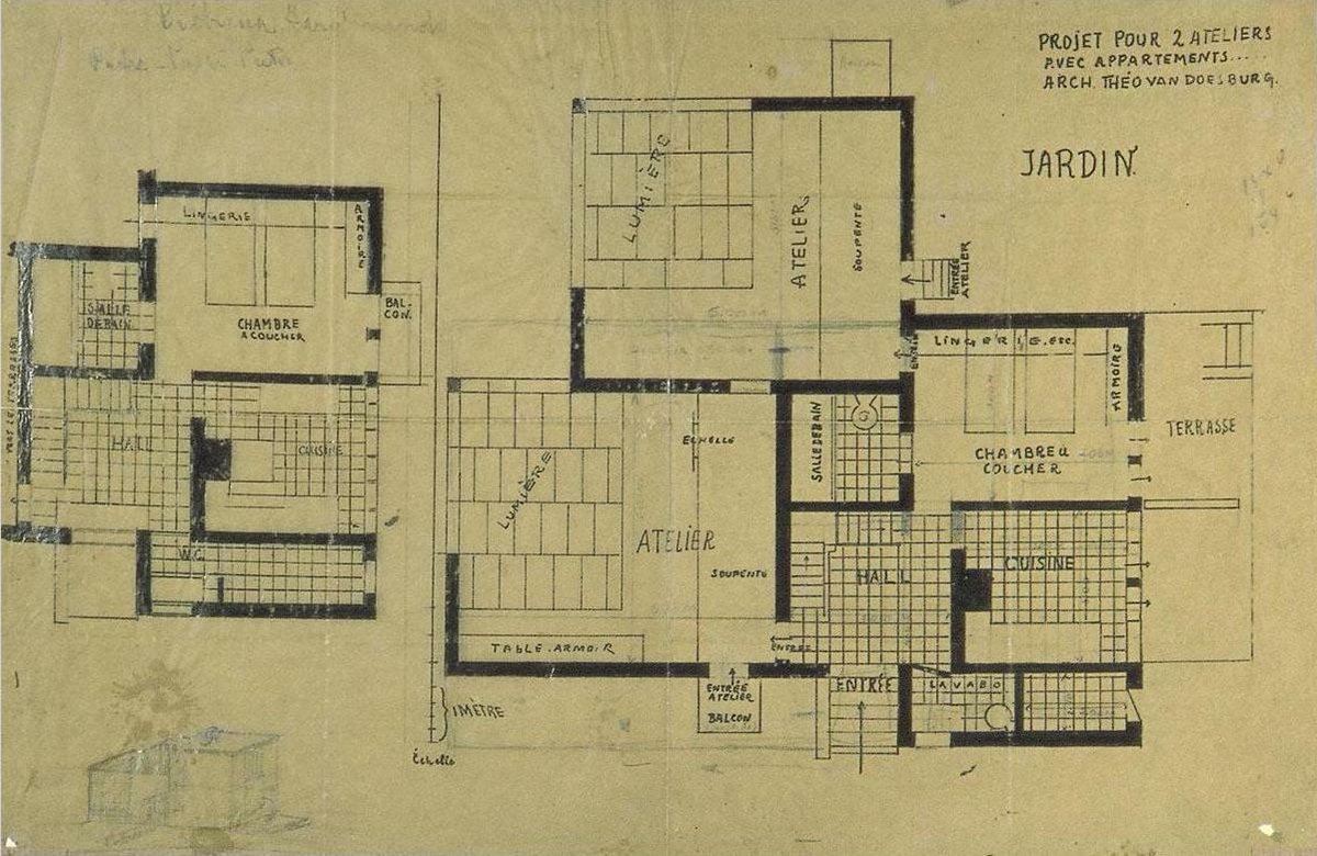 Double studio apartment design, plans and axonometry, 1927 #theovandoesburg #constructivism wikiart.org/en/theo-van-do…