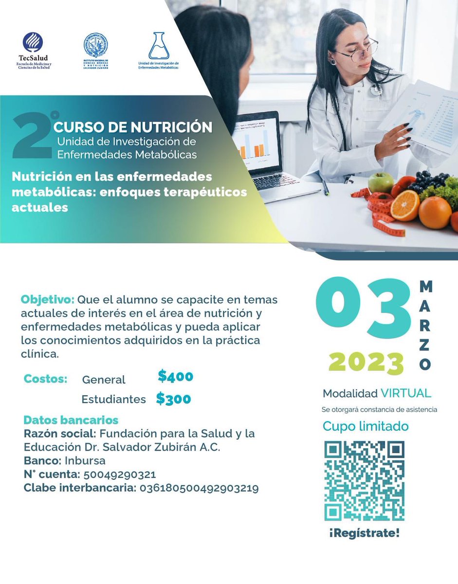 alexmartagon's tweet image. Los invitamos a que participen en nuestro 2° Curso de Nutrición 
Recuerda que es cupo limitado ¡REGISTRATE!
Link de registro: forms.gle/rcWGx2SZ8iFcmn…
Próximamente estaremos subiendo el programa del curso, estate atento a nuestras redes. 
#uiem #Salud #nutrición #nutricionysalud