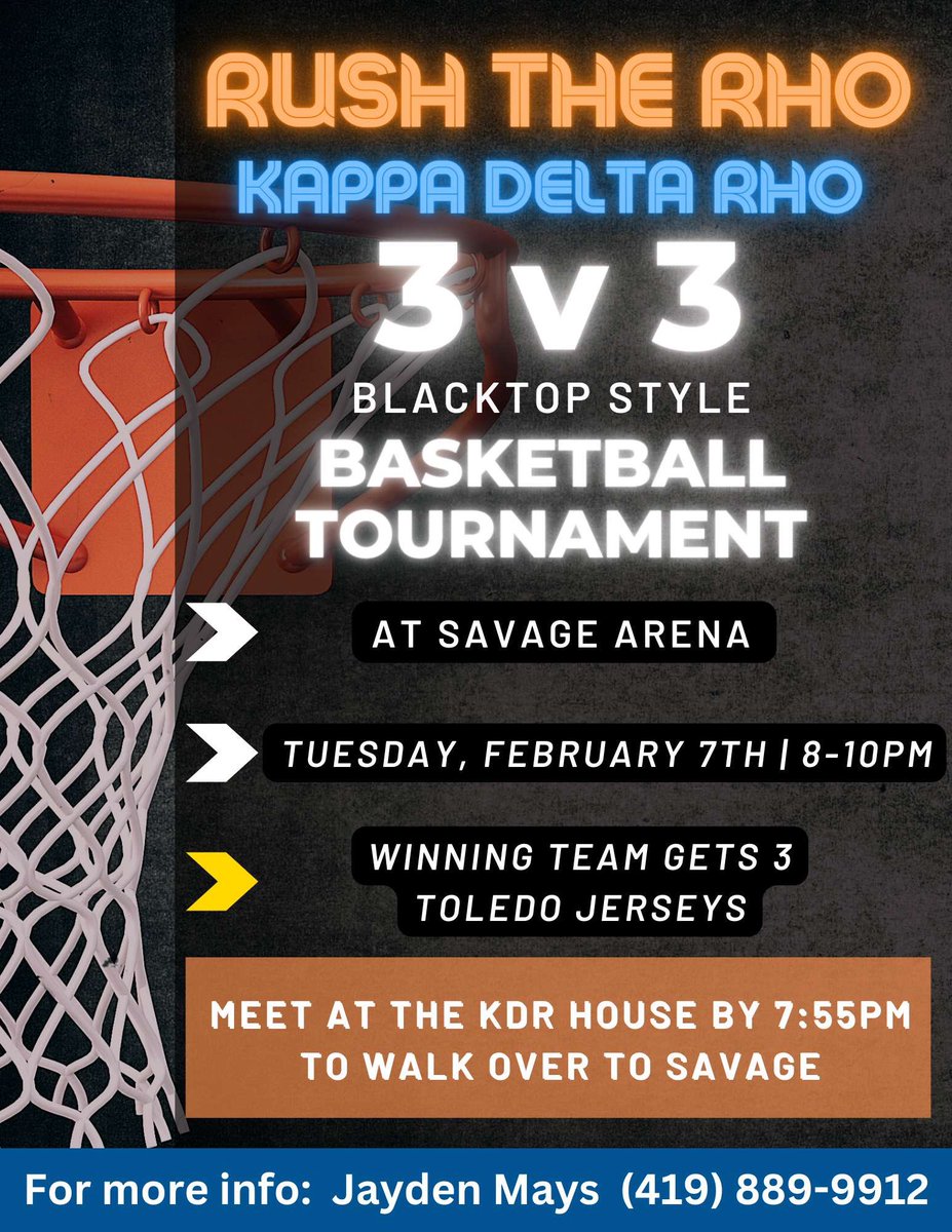 KDR_UT's tweet photo. RUSH THE RHO
Tuesday February 7th, the Brothers of Kappa Delta Rho will be renting out Savage Arena to hold a 3v3 blacktop style basketball tournament! We can’t wait to see you there!! Winning team will get 3 Toledo jerseys!
•
•
•
#RUSHKDR #Rushweek #Greeklife https://t.co/Uv7LhfCCSD