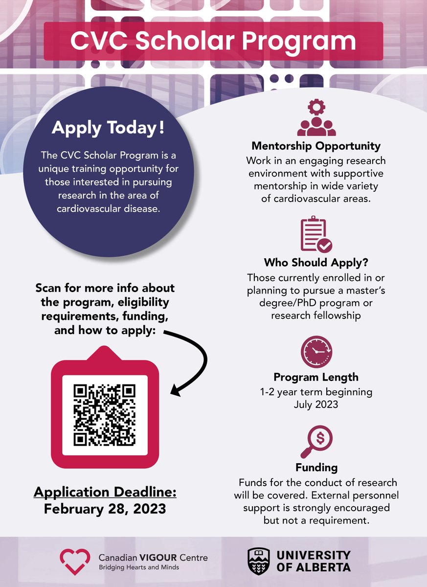 Canadian VIGOUR Centre (@cvc_ualberta) on Twitter photo Now accepting applications!
The CVC Scholar Program is a unique training opportunity for those interested in pursuing research in the area of #cardiovascular disease.
🗓️Applications close Feb 28, 2023.
More info: thecvc.ca/programs-and-d…
<a href="/UAlberta_FoMD/">UAlberta Med & Dent</a> #UAlberta Now accepting applications!
The CVC Scholar Program is a unique training opportunity for those interested in pursuing research in the area of #cardiovascular disease.
🗓️Applications close Feb 28, 2023.
More info: thecvc.ca/programs-and-d…
<a href="/UAlberta_FoMD/">UAlberta Med & Dent</a> #UAlberta