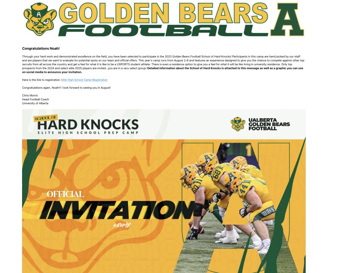 Big thanks to @UACoachMorris and <a href="/UABearsFootball/">University of Alberta Football</a> for the invite! Excited to showcase my skills and compete!