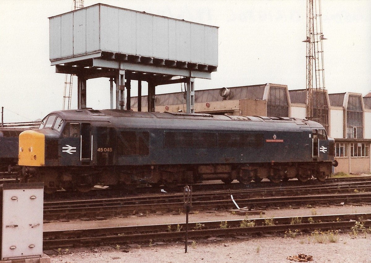 SalopianLyne's tweet photo. Bristol Bath Road TMD 19th June 1981
British Rail Blue liveried Class 45 Peak diesel loco 45045 'Coldstream Guardsman' on shed looking rough but still has nameplate & crest
An early casualty withdrawn 5/83
#BritishRail #Class45 #Peak #Bristol #BRBlue #trainspotting #BathRoad 🤓 https://t.co/f6ppNls7Nc