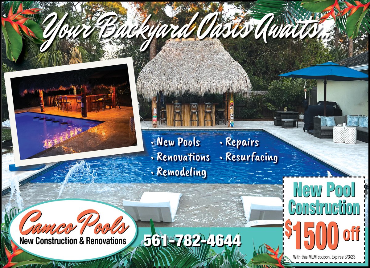 Call for $1,500 OFF NEW POOL CONSTRUCTION from Camco Pools 🏊‍♂️

#PoolInstallation #PoolRenovation #PoolRemodeling #PoolRepair #PoolResurfacing #SwimmingPool #PoolBuilder #Coupons #LuxuryPool #CustomPool #StuartFL #PortStLucieFL #JupiterFL #PalmBeachGardensFL #TreasureCoastFL