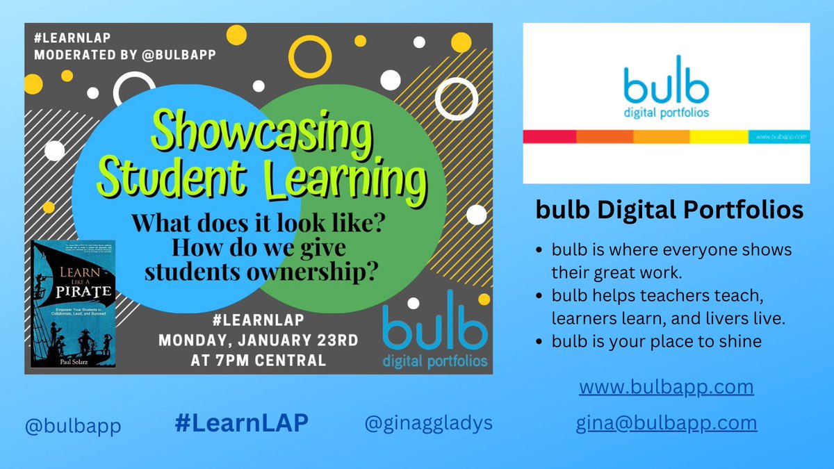 bulbapp's tweet image. Welcome to the #LearnLAP chat tonight. Our topic tonight is Showcasing Student Learning!
#TechLAP #GiftedEDU #tlap #educators #gtchat #txed #nt2v #elemchat #leadership #CrazyPLN #FutureEdChat #LeaderEdChat #t2tchat